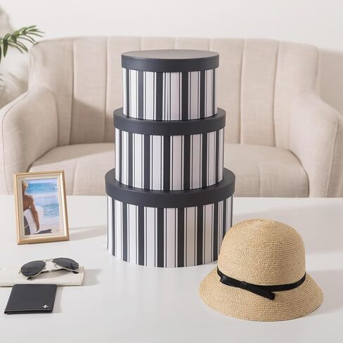 Soul & Lane Cardboard Hat Boxes with Lids – Set of 3, Round Storage Boxes for Hats, Photo Keepsakes & Gifts, Sturdy Paperboard Organizer for Home Décor, Navy Heritage Stripe in Kuwait