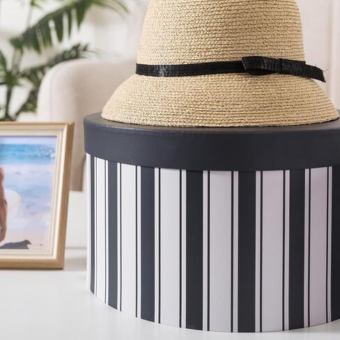 Soul & Lane Cardboard Hat Boxes with Lids – Set of 3, Round Storage Boxes for Hats, Photo Keepsakes & Gifts, Sturdy Paperboard Organizer for Home Décor, Navy Heritage Stripe in Kuwait