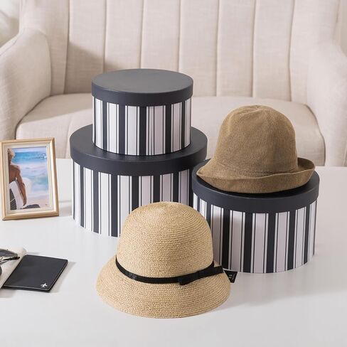 Soul & Lane Cardboard Hat Boxes with Lids – Set of 3, Round Storage Boxes for Hats, Photo Keepsakes & Gifts, Sturdy Paperboard Organizer for Home Décor, Navy Heritage Stripe in Kuwait