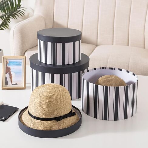 Soul & Lane Cardboard Hat Boxes with Lids – Set of 3, Round Storage Boxes for Hats, Photo Keepsakes & Gifts, Sturdy Paperboard Organizer for Home Décor, Navy Heritage Stripe in Kuwait