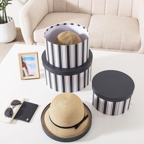 Soul & Lane Cardboard Hat Boxes with Lids – Set of 3, Round Storage Boxes for Hats, Photo Keepsakes & Gifts, Sturdy Paperboard Organizer for Home Décor, Navy Heritage Stripe in Kuwait