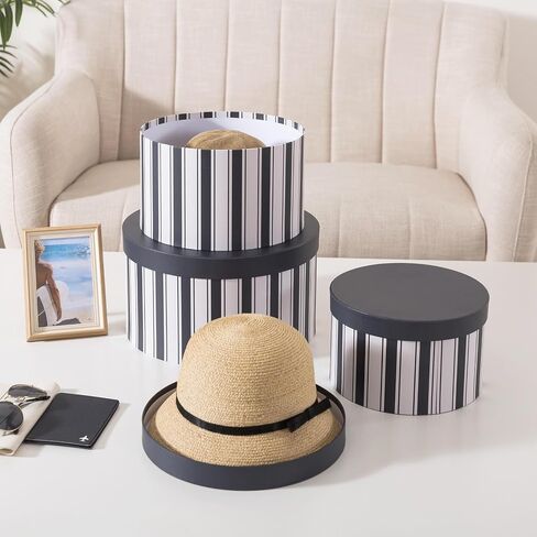 Soul & Lane Cardboard Hat Boxes with Lids – Set of 3, Round Storage Boxes for Hats, Photo Keepsakes & Gifts, Sturdy Paperboard Organizer for Home Décor, Navy Heritage Stripe in Kuwait