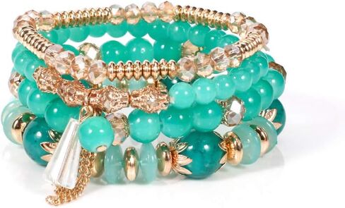 LOTSOF Bohemian Green Jade Stackable Bracelet Set - 4-Layer Stretch Beaded Bracelets with Gold Accents, Boho Jewelry for Women, Fashion Statement Accessory (Gift Ready) in Saudi Arabia