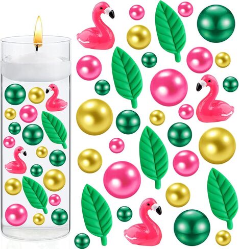 152 Pcs Summer Vase Filler, Hawaiian Flamingo Leaves No Hole Faux Pearls Beads for Party Table Centerpiece Home Decor in Saudi Arabia