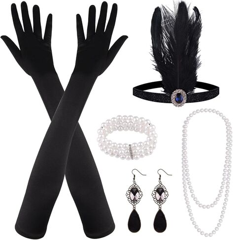 MIAHART 8 قطع 1920s Flapper Great Gatsby إكسسوارات مجموعة أزياء 20's Theme مع قفازات سوداء قلادة Barcelet للنساء in Kuwait
