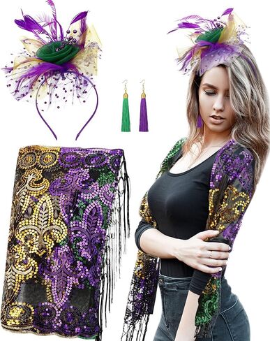 Unittype 4 Pcs Mardi Gras Costumes for Women Mardi Gras Outfit Shawl Scarf with Feather Headband Vintage Tassel Fringe Earrings Accessories Set for Masquerade Party Carnival Parade Dress Party in Saudi Arabia