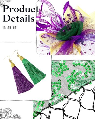 Unittype 4 Pcs Mardi Gras Costumes for Women Mardi Gras Outfit Shawl Scarf with Feather Headband Vintage Tassel Fringe Earrings Accessories Set for Masquerade Party Carnival Parade Dress Party in Saudi Arabia