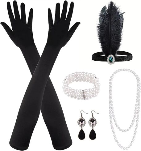 MIAHART 8 Pieces 1920s Flapper Great Gatsby Accessories Set Fashion 20's Theme with Black Gloves Necklace Barcelet for Women in Saudi Arabia