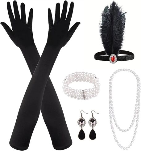 MIAHART 8 قطع 1920s Flapper Great Gatsby إكسسوارات مجموعة أزياء 20's Theme مع قفازات سوداء قلادة Barcelet للنساء in Kuwait