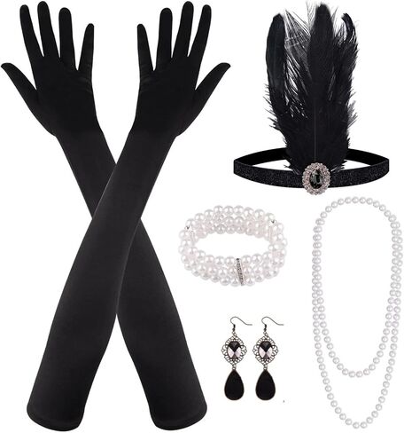 MIAHART 8 قطع 1920s Flapper Great Gatsby إكسسوارات مجموعة أزياء 20's Theme مع قفازات سوداء قلادة Barcelet للنساء in Kuwait