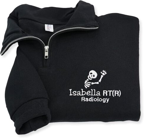 COUPLEHOODIES Custom Radiology Quarter Zip Sweatshirt – Embroidered Skeleton with Name and Credentials, Gift for Technologists in Saudi Arabia