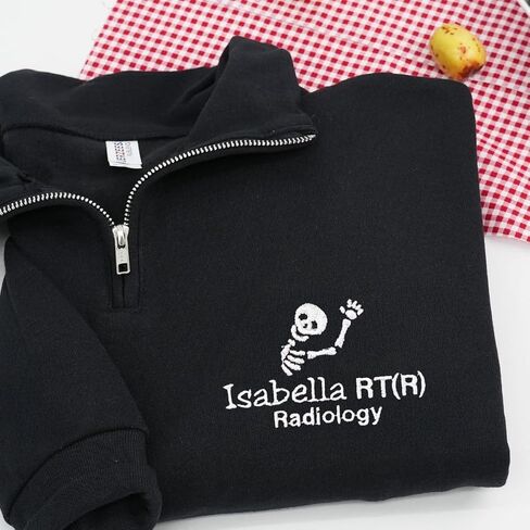 COUPLEHOODIES Custom Radiology Quarter Zip Sweatshirt – Embroidered Skeleton with Name and Credentials, Gift for Technologists in Saudi Arabia