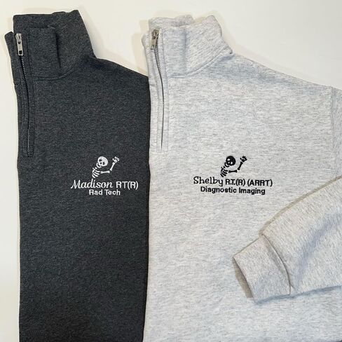 COUPLEHOODIES Custom Radiology Quarter Zip Sweatshirt – Embroidered Skeleton with Name and Credentials, Gift for Technologists in Saudi Arabia