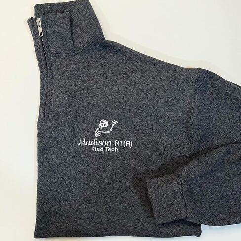 COUPLEHOODIES Custom Radiology Quarter Zip Sweatshirt – Embroidered Skeleton with Name and Credentials, Gift for Technologists in Saudi Arabia