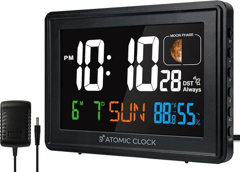 Digital Atomic Alarm Clocks for Bedrooms with Battery Backup | Color Display Self-Setting Clock with Auto DST, Indoor Temperature Humidity, Moon Phase, Calendar, Time, Day of Week - Black in Saudi Arabia