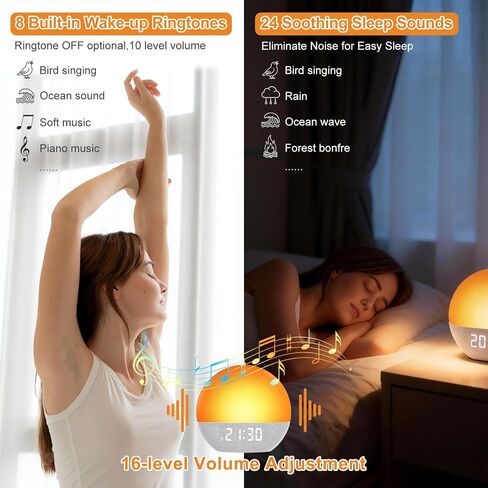 Sunrise Alarm Clock, White Noise Sound Machine, Gentle Alarm Clocks for Bedrooms, Natural Linen, 24 Soothing Sounds, 17 Night Lights, Dimmable Clock, Dual-Alarm for Heavy Sleepers in Saudi Arabia