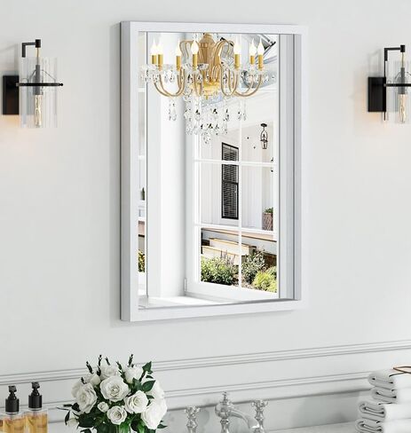 Syndra White Wood Frame Bathroom Mirror, 22''x30'' Modern Vanity Mirror for Wall, Waterproof Slim Deep Frame, Rectangular HD Tempered Glass Mirror for Living Room, Bedroom, Entryway, Rustic, Farmhouse in Saudi Arabia