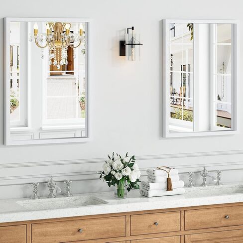 Syndra White Wood Frame Bathroom Mirror, 22''x30'' Modern Vanity Mirror for Wall, Waterproof Slim Deep Frame, Rectangular HD Tempered Glass Mirror for Living Room, Bedroom, Entryway, Rustic, Farmhouse in Saudi Arabia