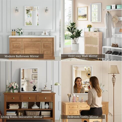 Syndra White Wood Frame Bathroom Mirror, 22''x30'' Modern Vanity Mirror for Wall, Waterproof Slim Deep Frame, Rectangular HD Tempered Glass Mirror for Living Room, Bedroom, Entryway, Rustic, Farmhouse in Saudi Arabia