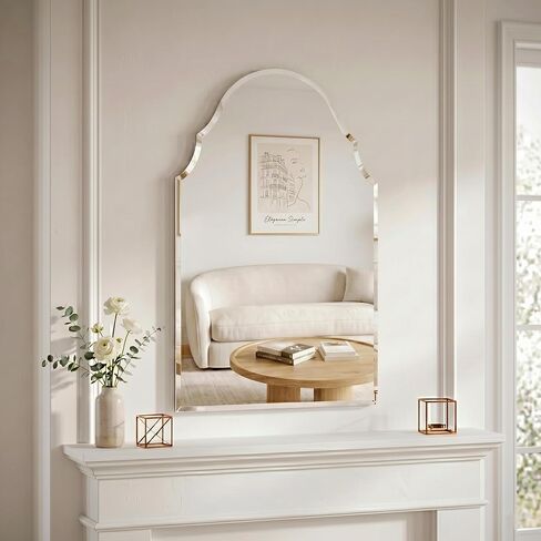 24" x 40" Arched Scalloped Bathroom Mirror, Frameless Beveled Decorative Wall Mirror for Vanity, Powder Room, Entryway, Large Accent Mirror with Reinforced Backing, Flush Mount in Saudi Arabia