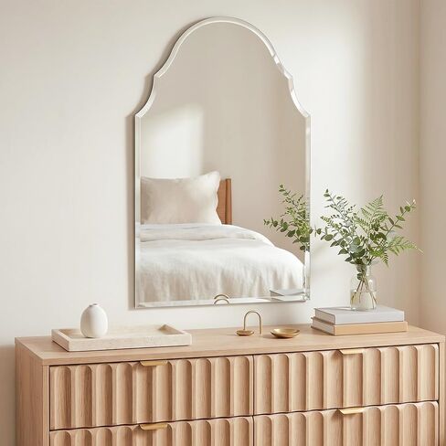 24" x 40" Arched Scalloped Bathroom Mirror, Frameless Beveled Decorative Wall Mirror for Vanity, Powder Room, Entryway, Large Accent Mirror with Reinforced Backing, Flush Mount in Saudi Arabia