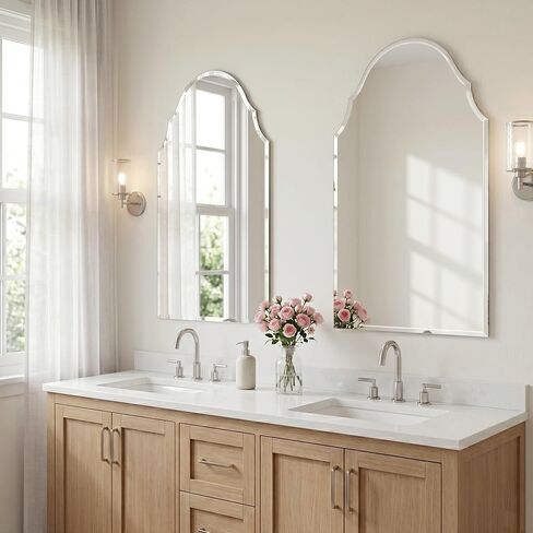 24" x 40" Arched Scalloped Bathroom Mirror, Frameless Beveled Decorative Wall Mirror for Vanity, Powder Room, Entryway, Large Accent Mirror with Reinforced Backing, Flush Mount in Saudi Arabia