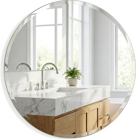 24 Inch Round Bathroom Mirror, Frameless Beveled Circle Vanity Mirror for Over Sink, Powder Room and Entryway, Solid-Backed Wall Mirror in Saudi Arabia