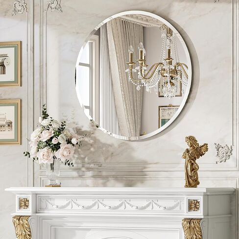24 Inch Round Bathroom Mirror, Frameless Beveled Circle Vanity Mirror for Over Sink, Powder Room and Entryway, Solid-Backed Wall Mirror in Saudi Arabia