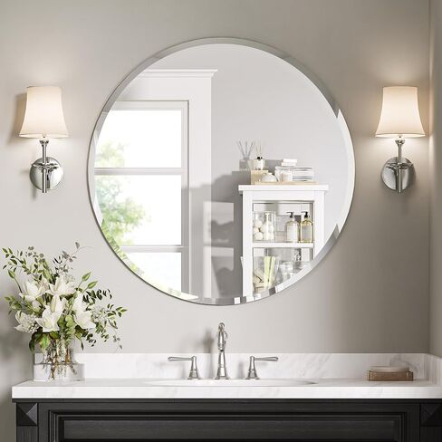 24 Inch Round Bathroom Mirror, Frameless Beveled Circle Vanity Mirror for Over Sink, Powder Room and Entryway, Solid-Backed Wall Mirror in Saudi Arabia