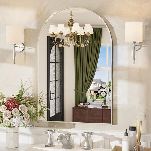 24x36 Inch Arched Bathroom Mirror, Wall Mounted Arch Vanity Mirror for Over Sink, Tempered Glass, Brushed Nickel Aluminum Frame, for Bathroom Bedroom Entryway Living Room in Saudi Arabia