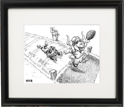 Bull 'n Bear Touchdown Stock Market Cartoon Matted, Quality Wood Framed and Signed in Kuwait