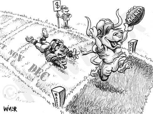 Bull 'n Bear Touchdown Stock Market Cartoon Matted, Quality Wood Framed and Signed in Kuwait