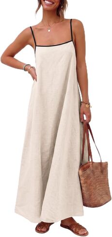 ELLEVEN Women's Loose Summer Backless Maxi Dress - Adjustable Spaghetti Strap Sundress with Pockets for Vacation & Beach in Kuwait