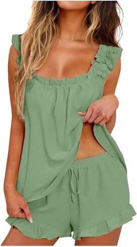 Pajamas For Women Set Summer 2 Piece Ruffle Pj Soft Tank Top And Shorts Sleepwear Sets Cute Bridesmaid Pajamas in Kuwait