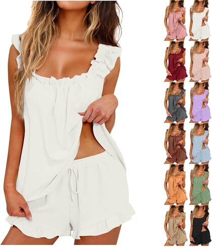 Pajamas For Women Set Summer 2 Piece Ruffle Pj Soft Tank Top And Shorts Sleepwear Sets Cute Bridesmaid Pajamas in Kuwait