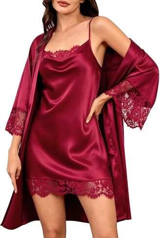 Moreone Women's Satin Nightgown with Robes 2 Piece Sleepwear Sexy Lace Cami Nightwear Pj Sets Wedding Bridal Lingerie in Saudi Arabia