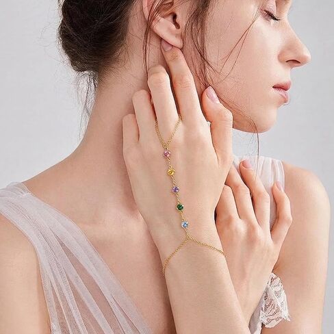 1 Piece Hand Chain Bracelet, Colorful Zircon Dainty Adjustable Finger Ring Design Trendy Seasonal Ring Bracelet for Women in Saudi Arabia