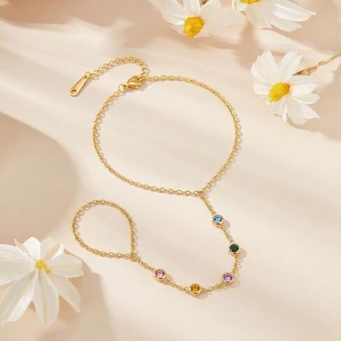 1 Piece Hand Chain Bracelet, Colorful Zircon Dainty Adjustable Finger Ring Design Trendy Seasonal Ring Bracelet for Women in Saudi Arabia