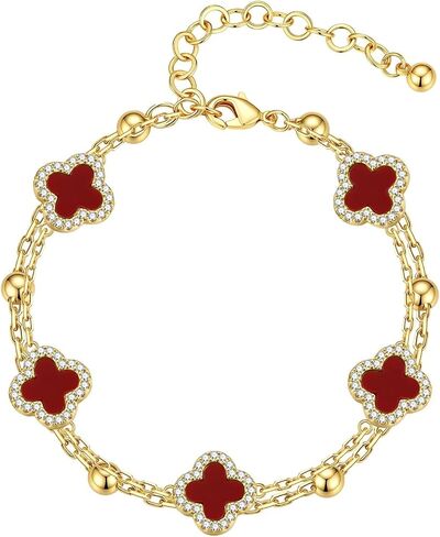 MONOOC Clover Bracelet for Women - Lucky Four Leaf Clover Bracelet for Women 14K-Gold-Plated Adjustable Bracelets for Woman Trendy Lucky Jewelry Birthday Gifts for Woman in Saudi Arabia