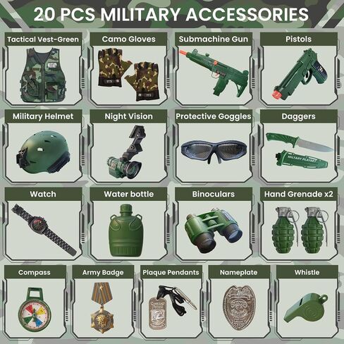 20 Piece Army Costume for Kids, Soldier Military Dress up for Boys 3-10, Kids Army Gear Role Play, Halloween Costume Camouflage Set with Vest, Camo Gloves, Helmet, Halloween Christmas Gift for Kids in Saudi Arabia