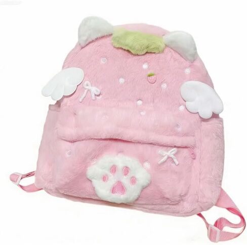 OATSBAS Women's Y2K Kawaii pink Plush Backpack Bunny and Cat Ear Bow Paw Print Wings Cute Fluffy Daypack (Rabbit,One size) in Saudi Arabia