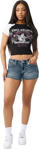 تي شيرت راجلان للأطفال من True Religion - مقاس نحيف من القطن المطاطي بياقة دائرية وأكمام متباينة، تي شيرت برسومات حدوة الحصان in Kuwait