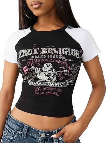تي شيرت راجلان للأطفال من True Religion - مقاس نحيف من القطن المطاطي بياقة دائرية وأكمام متباينة، تي شيرت برسومات حدوة الحصان in Kuwait