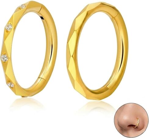 2Pcs 16G Titanium Nose Ring Hoop Clicker for Women Men, CZ Diamond Paved Nose Rings Hoop, Hinged Segment Septum Cartilage Earrings, Small Hoop 8mm, Hypoallergenic in Saudi Arabia