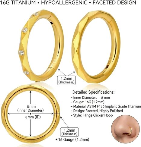 2Pcs 16G Titanium Nose Ring Hoop Clicker for Women Men, CZ Diamond Paved Nose Rings Hoop, Hinged Segment Septum Cartilage Earrings, Small Hoop 8mm, Hypoallergenic in Saudi Arabia