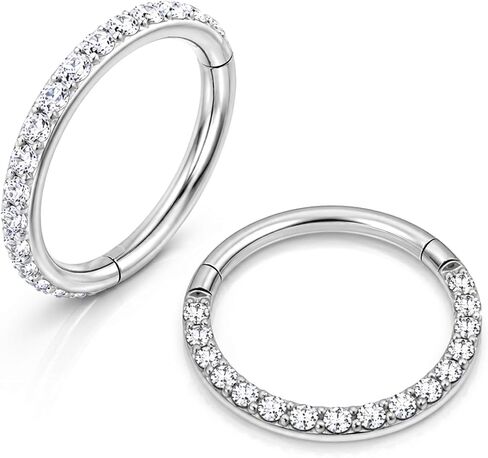 2Pcs 16G Titanium Nose Ring Hoop Clicker for Women Men, CZ Diamond Paved Nose Rings Hoop, Hinged Segment Septum Cartilage Earrings, Small Hoop 8mm, Hypoallergenic in Saudi Arabia