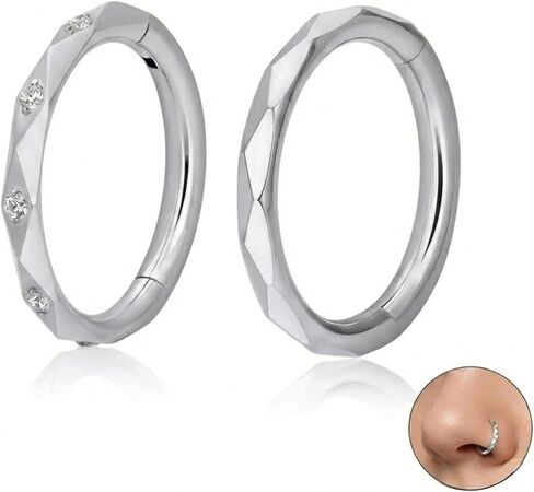 2Pcs 16G Titanium Nose Ring Hoop Clicker for Women Men, CZ Diamond Paved Nose Rings Hoop, Hinged Segment Septum Cartilage Earrings, Small Hoop 8mm, Hypoallergenic in Saudi Arabia
