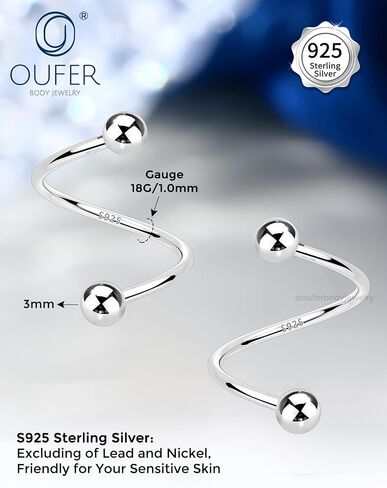 OUFER 18G أقراط الغضروف للنساء والرجال 925 الفضة الصلبة الأقراط تويست قابل للتعديل، تصميم رأس كروي كلاسيكي الفص الحلزون ثقب المجوهرات، الأذن ترصيع المجوهرات Labret الشفاه ثقب المجوهرات in Kuwait