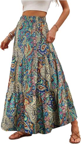 GORGLITTER Women's Western Cowgirl Country Maxi Skirts Outfit Summer Bohemian Boho Paisley Vintage High Waisted Skirts in Saudi Arabia