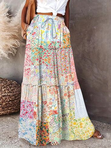 Women's Patchwork Floral Print Tiered Maxi Skirt with Drawstring Waist Daily Casual Summer Vacation in Kuwait